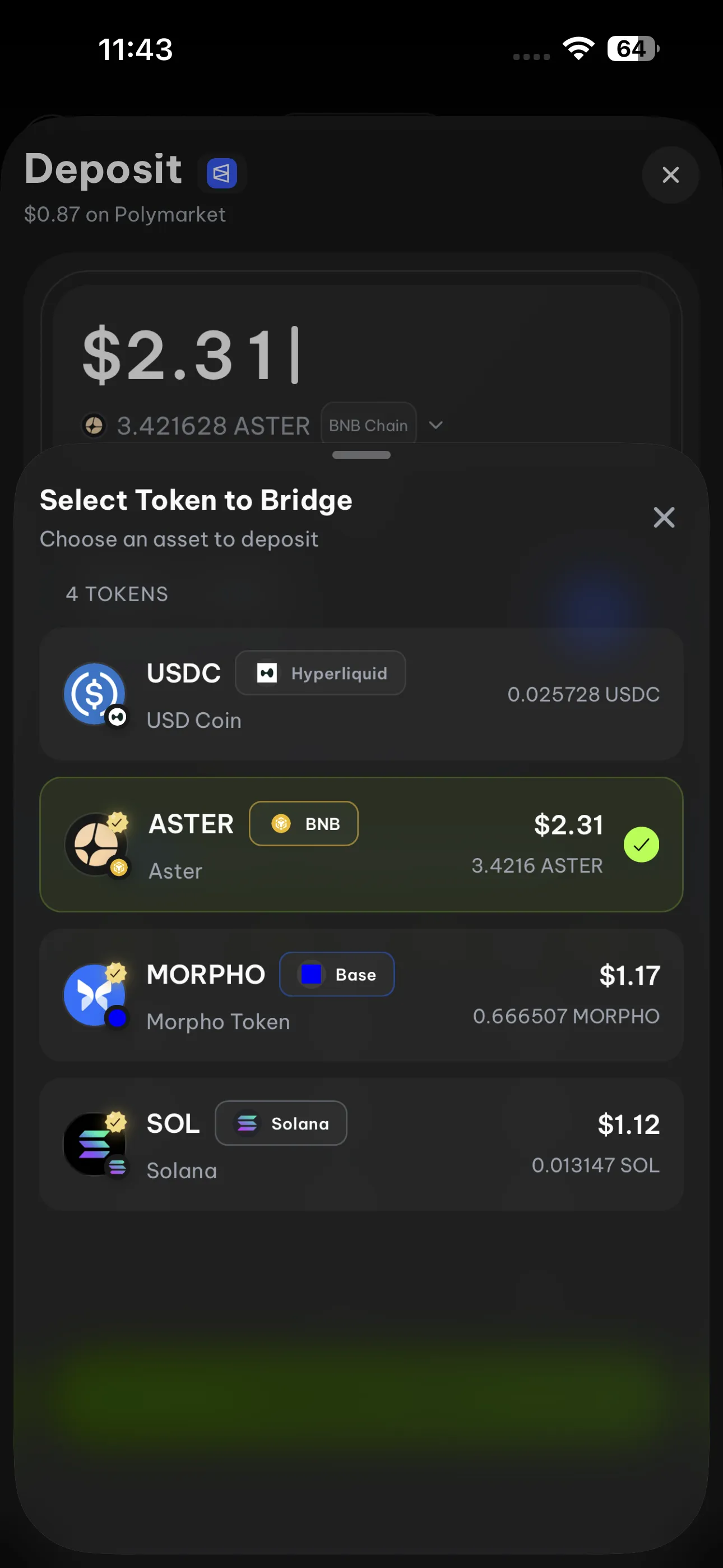 Bridge to Polymarket flow on FlipX mobile wallet screen 2