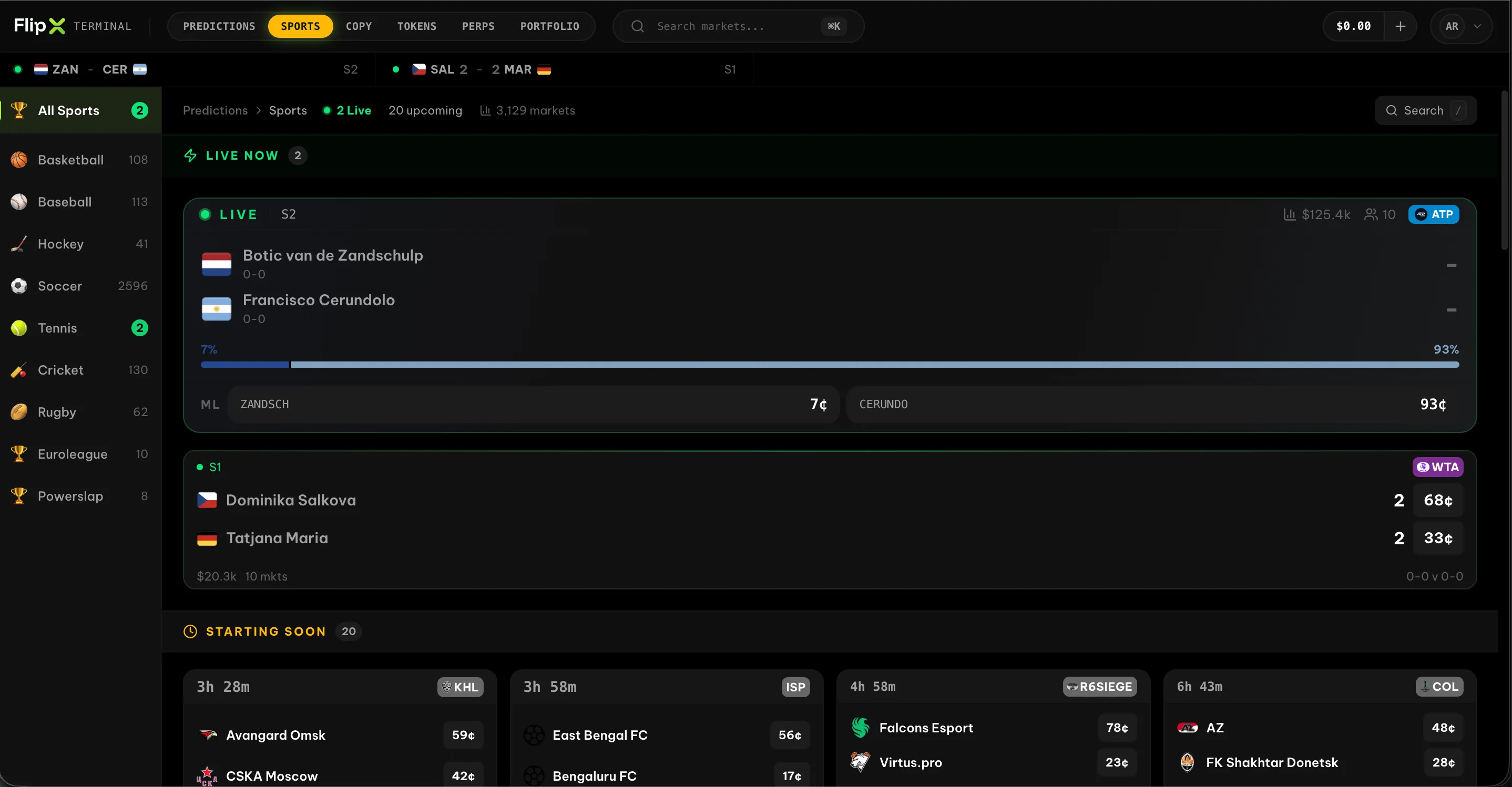 FlipX web trading terminal preview with copy trading, prediction markets, perps, sports, and token pages screen 4