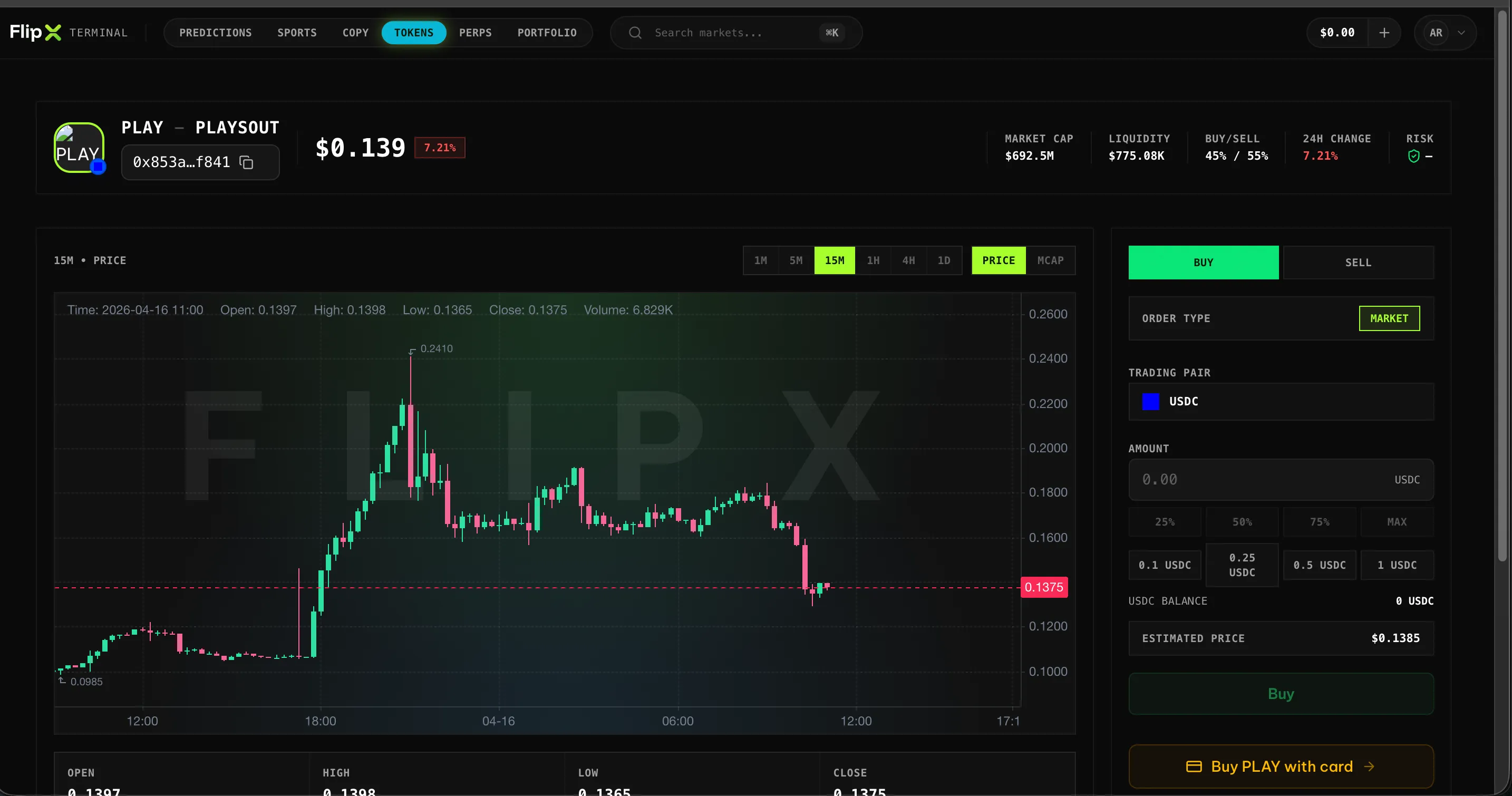 FlipX web trading terminal preview with copy trading, prediction markets, perps, sports, and token pages screen 5