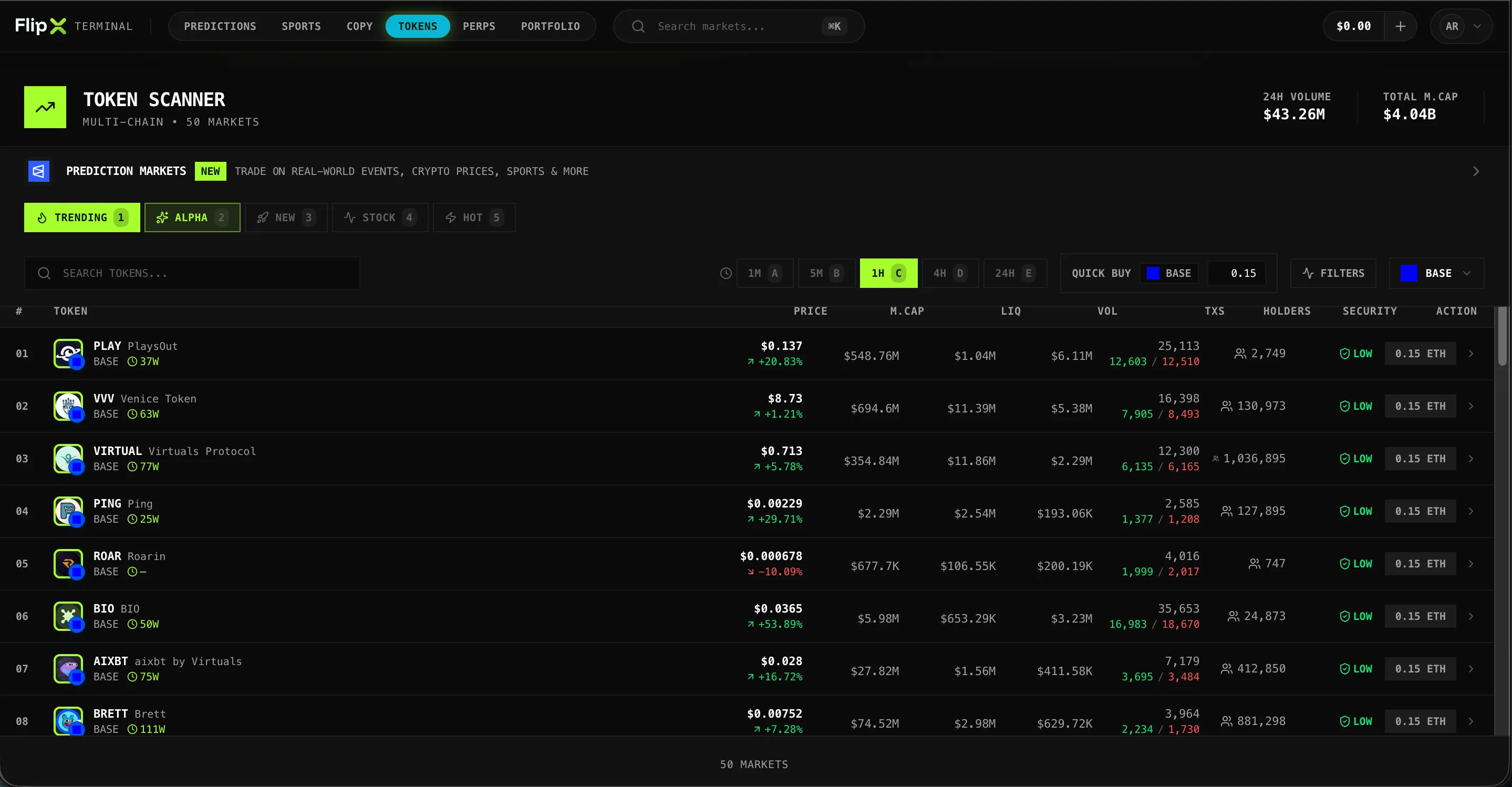 FlipX web trading terminal preview with copy trading, prediction markets, perps, sports, and token pages screen 6