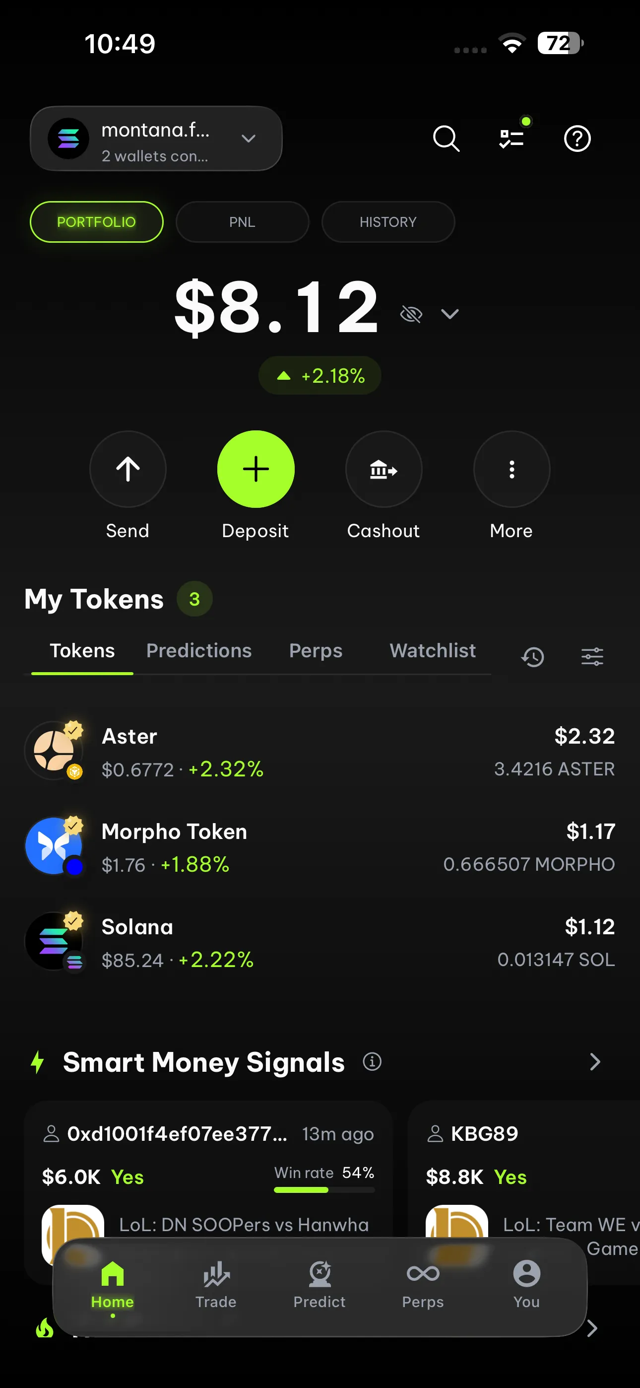 FlipX crypto trading app showing token swaps, portfolio, and real-time prices on mobile screen 2
