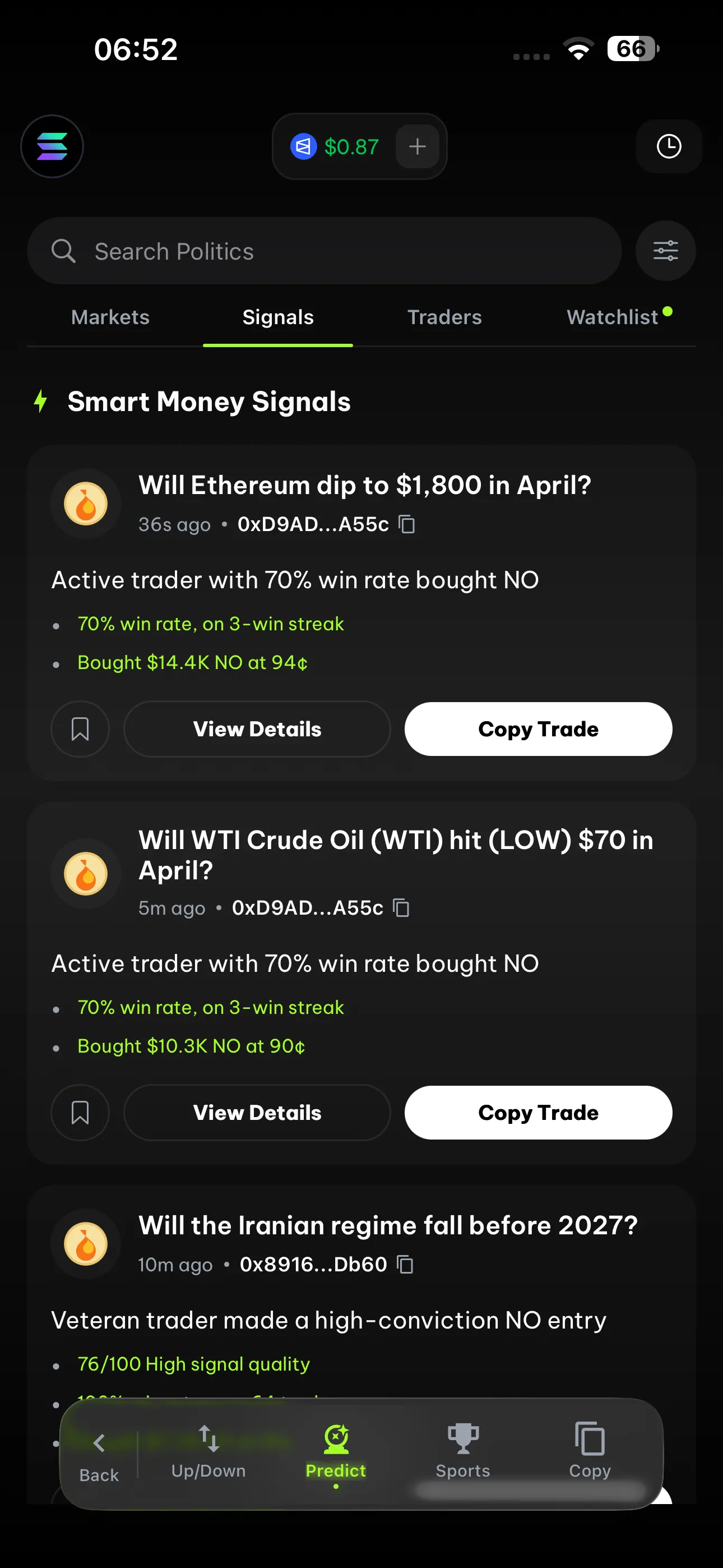 FlipX Polymarket prediction markets on mobile — trade crypto, sports, and world events screen 2