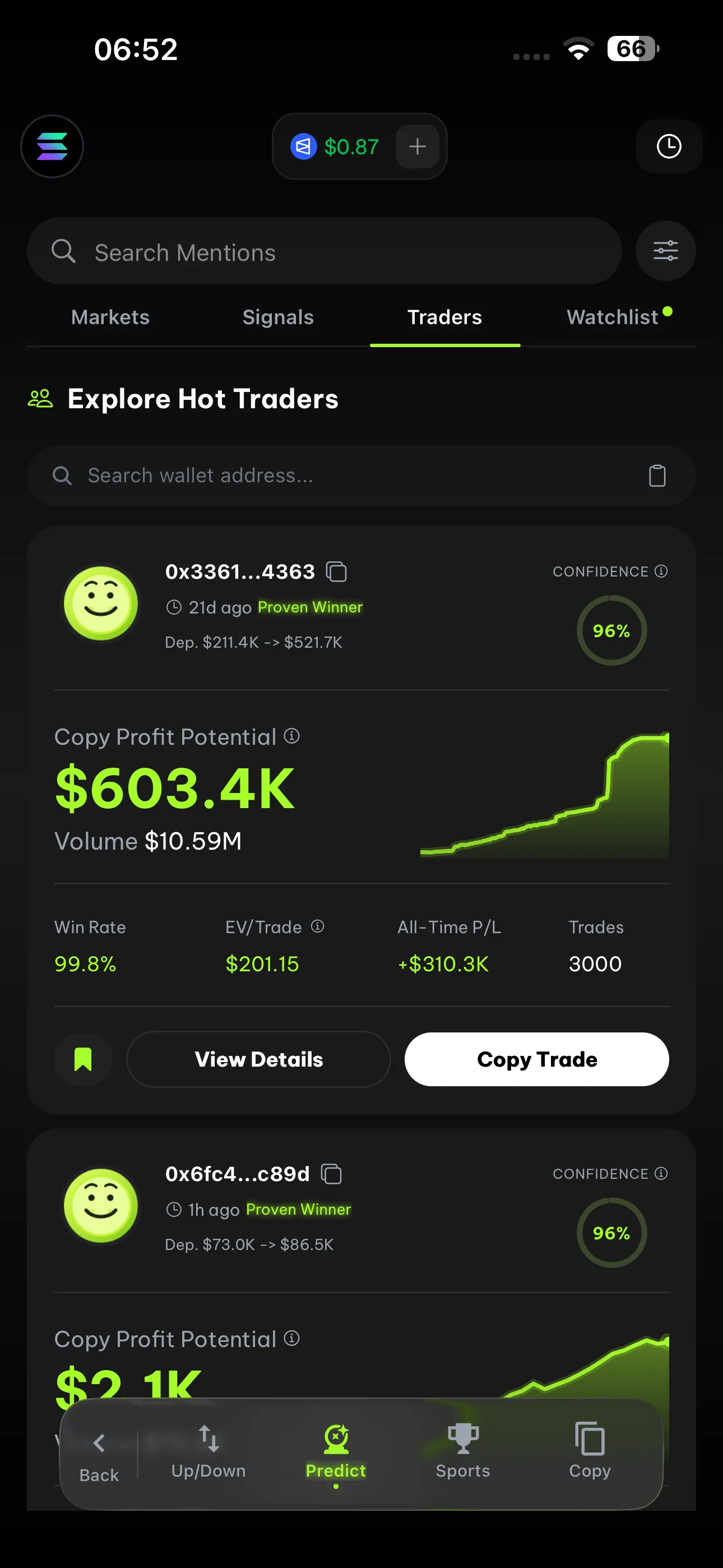 FlipX Polymarket prediction markets on mobile — trade crypto, sports, and world events screen 3